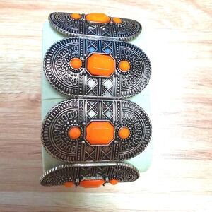 Southwestern Concho Stretch‎ Bracelet Silver Tone Orange Stone Western Boho
